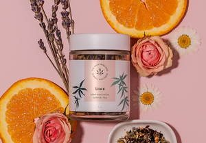 Jar of Grace herbal tea formulated with CBD-rich hemp flower and organic herbs trusted to support the body and mind during menstruation. This soothing blend helps relieve menstrual discomfort.